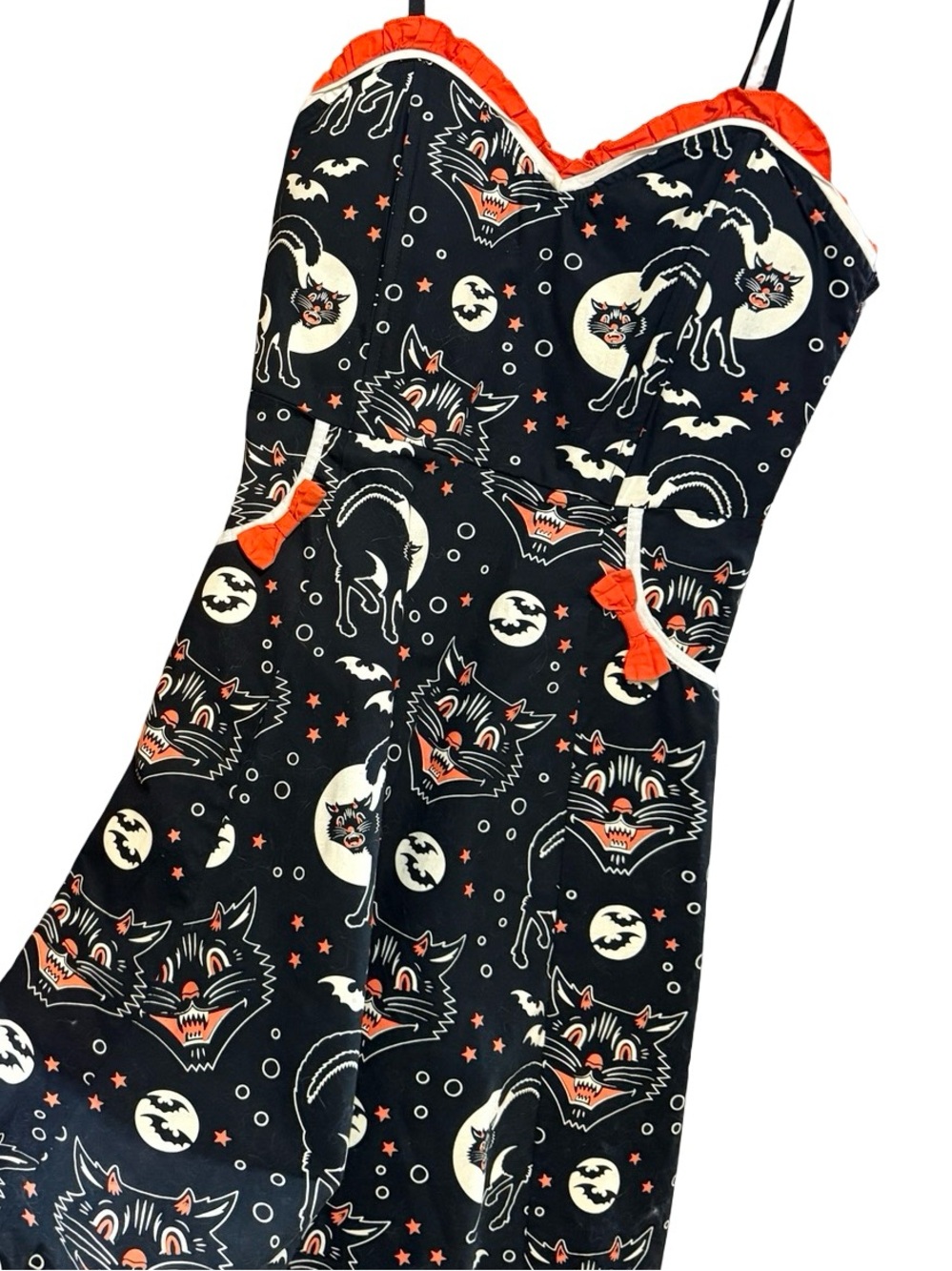 Sourpuss Black & Orange Vintage-Inspired Cat Print Mini Dress